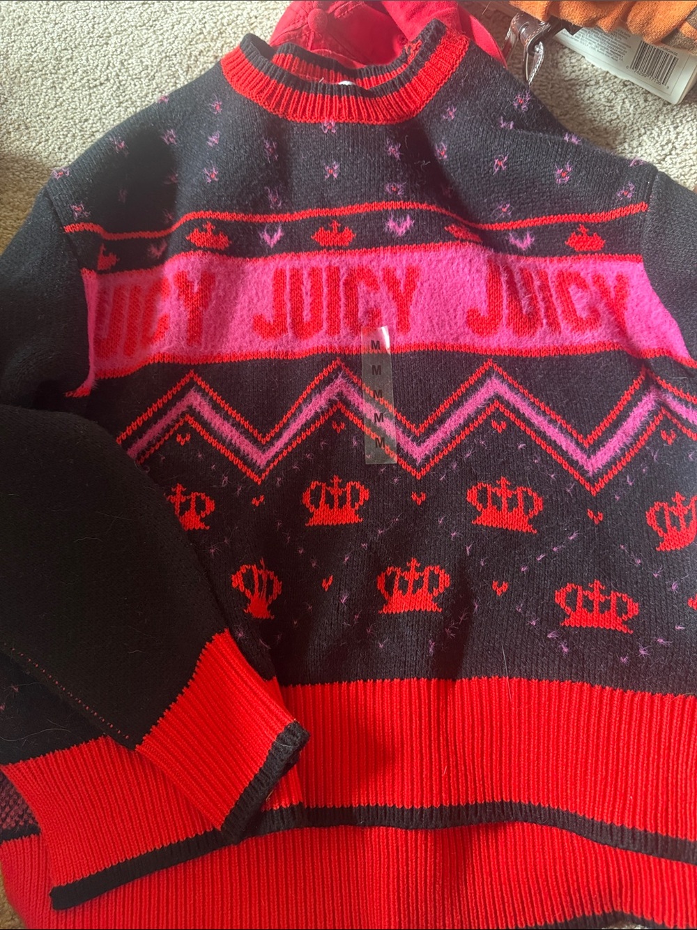 NWT Juicy Couture Black, Hot Pink & Red Crown Logo Knit Sweater rare liquorice